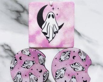 Ghost Car Coaster Air freshener set - car accessories - halloween car decor - car freshener & coasters - car coasters - ghost air freshener