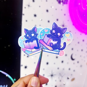 Cat reading stickers - stickers - book lover stickers - black cat reading sticker - bookish stickers - cat stickers - black cat sticker