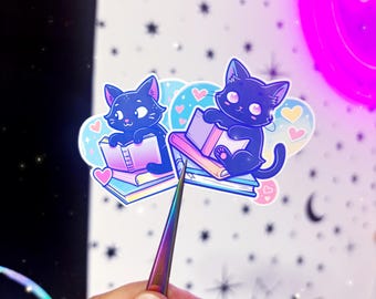 Cat reading stickers - stickers - book lover stickers - black cat reading sticker - bookish stickers - cat stickers - black cat sticker