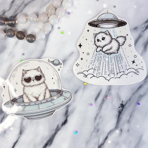 Kitty kat UFO-ontvoeringsstickers - kattensticker - ufosticker - dierenstickers - schattige kattenstickers - hemelstickers - ruimtekatstickers