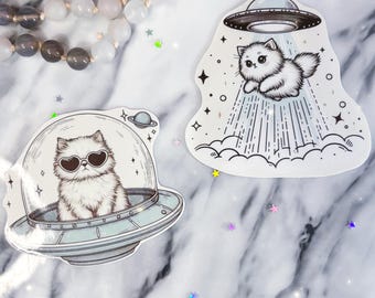 Kitty Katze UFO Entführung Aufkleber - Katzen Aufkleber - Ufo Aufkleber - Tier Aufkleber - Süße Katzen Aufkleber - Himmlische Aufkleber - Weltraum Katzen Aufkleber