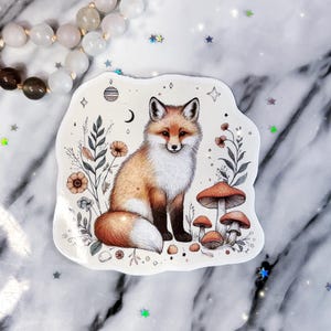 Sticker renard lunatique - sticker renard et fleurs - sticker renard magique fleurs sauvages - sticker bois enchanté magique - stickers célestes