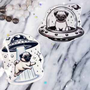 Puede incluir: Dos pegatinas con un pug en un OVNI. Una muestra al pug dentro del OVNI, con gafas. La otra muestra al pug siendo abducido por el OVNI. Ambas pegatinas tienen un diseño en blanco y negro con algunas estrellas.