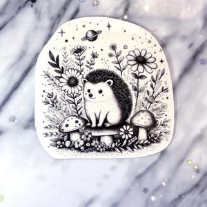 Whimsical hedgehog sticker - hedgehog and flowers sticker - wildflower hedgehog sticker - enchanted animal sticker - celestial stickers