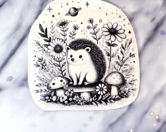 Pegatina de erizo caprichoso, pegatina de erizo con flores, pegatina de erizo con flores silvestres, pegatina de animal encantado, pegatinas celestiales