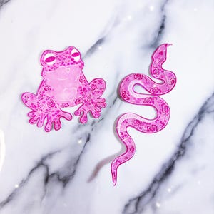 Autocollant floral serpent - autocollant floral grenouille - autocollants serpent Saint-Valentin - autocollant reptile rose - autocollants animaux - autocollant grenouille Saint-Valentin