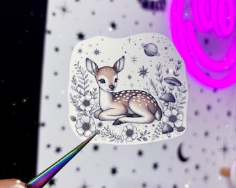 Whimsical fawn sticker - deer and flowers sticker - wildflower magical deer sticker - magical enchanted fawn sticker - celestial sticker
