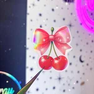 Coquette cherry sticker - holographic cherry stickers - girly stickers - cute cherry sticker - water bottle sticker - cherry stickers