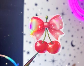 コケットチェリーステッカー - ホログラフィックチェリーステッカー - ガーリーステッカー - かわいいチェリーステッカー - ウォーターボトルステッカー - チェリーステッカー