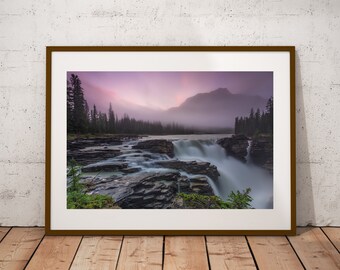 Mountain Waterfall Photograph, Sunrise Athabasca Falls Jasper Alberta, Fine Art Print, Cottage Cabin Decor, Mountain Art, Canvas & Metal