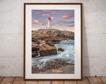 Lighthouse Sunrise Photograph, Peggy's Cove Nova Scotia, East Coast Waterscape, Fine Art Print, Cottage Decor, Beach Art, Canvas & Metal