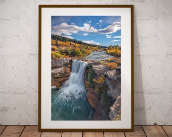 Autumn Waterfall Photograph, Lundbreck Falls Crowsnest Alberta, Fall Autumn Landscape, Fine Art Print, Cottage Cabin Decor, Canvas & Metal