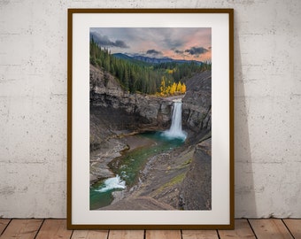 Mountain Waterfall Photograph, Ram Falls Alberta, Fall Autumn Landscape, Fine Art Print, Cottage Cabin Decor, Mountain Art, Canvas & Metal