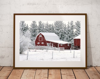 Red Barn in Snow Photograph, Fine Art Print, Farmhouse Country Décor, Rustic Wall Art, Rural Prairie Winter Photography, Canvas & Metal