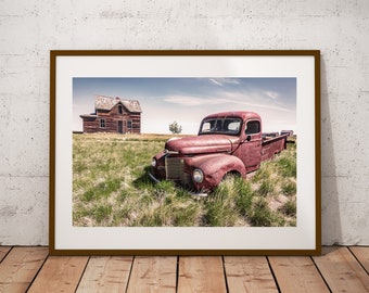 Abandoned House with Truck Photograph, Fine Art Print, Farmhouse Country Décor, Rustic Wall Art, Rural Prairie Photography, Canvas & Metal