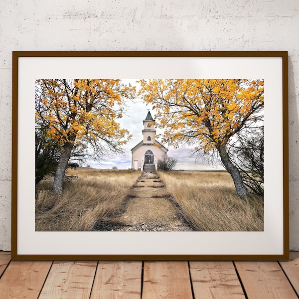 Autumn Church Photograph, Fine Art Print, Farmhouse Country Décor, Rustic Wall Art, Abandoned Rural Prairie Photography, Canvas & Metal