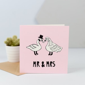 Trouwkaart, Mr & Mrs Card, kaart voor bruiloft, leuke trouwkaart, nieuwigheid bruiloft, bruid en bruidegom, eend, zwaan