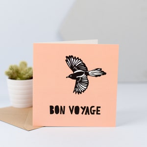 Bon Voyage-vertrekkaart, vertrekkaart, kortingskaart, handgemaakt, linoleumsnede, helder en kleurrijk, eigenzinnig, eigentijds