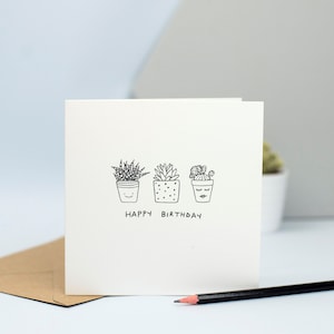 Carte de joyeux anniversaire cactus, carte d'anniversaire succulente, carte d'anniversaire pour amateur de plantes, illustration dessinée à la main, plantes en pot