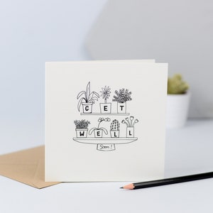 Carte Get Well Soon, illustration de cactus, pots de plantes, dessinés à la main, illustration, fleurs, plantes en pot, se sentir mieux