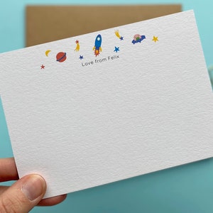 Cartes de correspondance spatiales pour enfants, cartes de remerciement personnalisées, cartes de correspondance plates, papeterie personnalisée, cartes de remerciement pour enfants