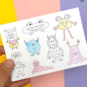 Conjunto de 10 cartões de monstros, notas de agradecimento para colorir, enchimentos para sacolas de festa, convites para festas, cartões postais para colorir, lembrancinhas para festas