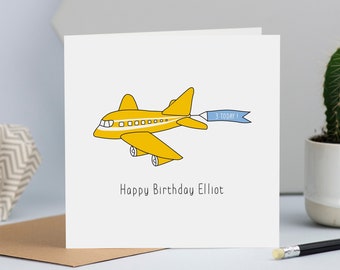 Aeroplane birthday card with personalised name and age