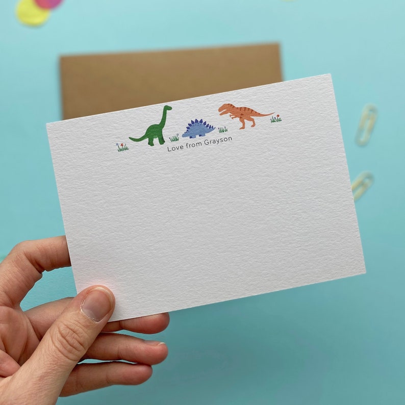 Dinosaur note cards for kids, personalised thank you notes, flat note cards, childrens thank you cards, correspondence cards image 1
