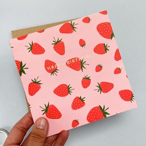 Verjaardagskaart aardbei, verjaardagskaart fruit, verjaardagskaart met bladgoud