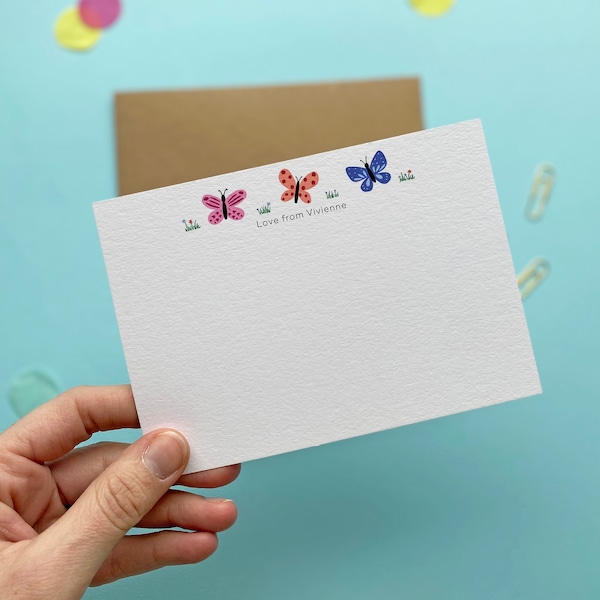 Butterfly note cards for kids, personalised thank you notes,flat note cards,personalised stationery, thank you card set,correspondence cards