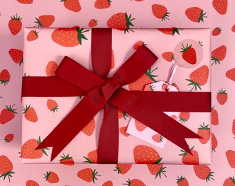 Papier d'emballage aux fraises - Adorable papier d'emballage avec une impression de fruits. Papier d'emballage recyclable, étiquettes-cadeaux assorties