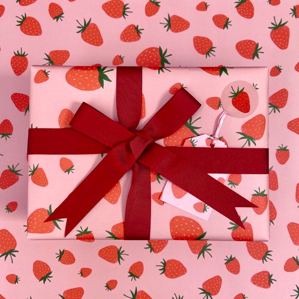 Strawberry Wrapping Paper - cute wrapping paper with a fruit print. Recyclable wrapping paper, Matching gift tags