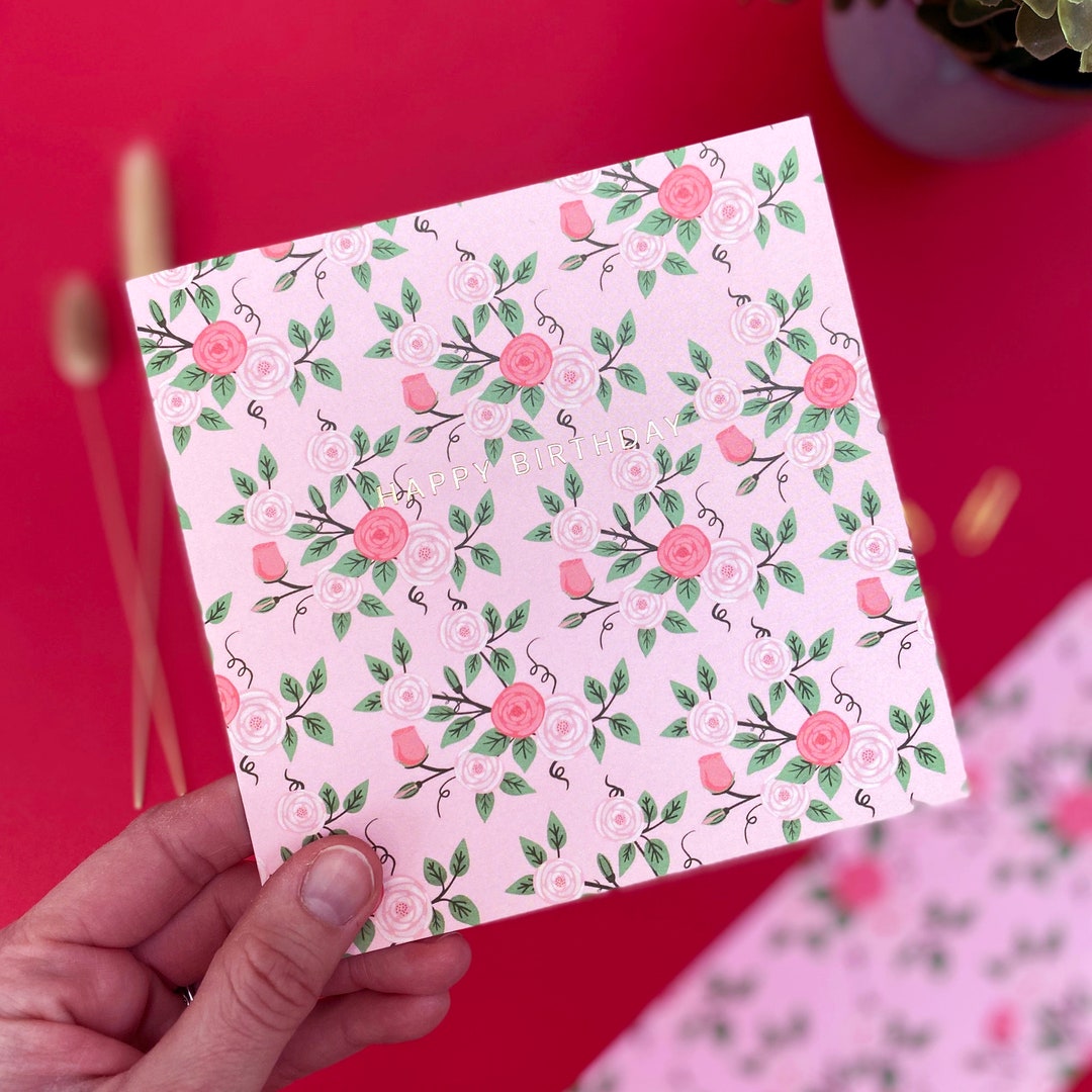 Rose Birthday Card Pink Birthday Card Gold Foiled Birthday - Etsy