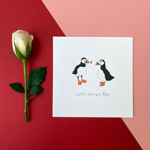 Carte de Saint-Valentin Je t'aime macareux, personnalisée avec nom, carte macareux, jeu de mots animal, carte drôle