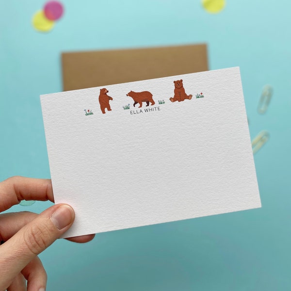 Bear note cards for kids, personalised thank you notes, flat note cards, personalised stationery set, Childrens thank you cards