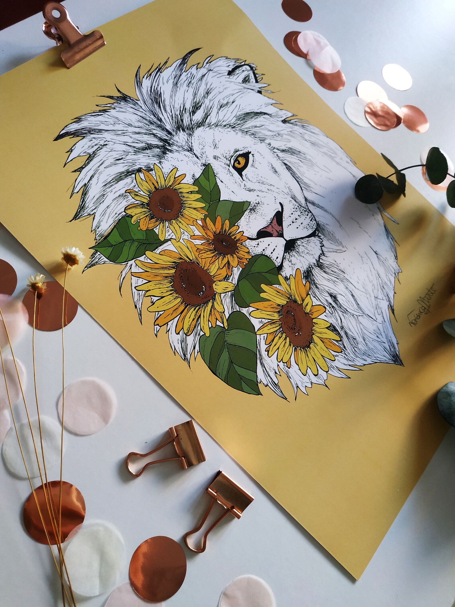 Lion sunflowers print lion floral print lion with yellow Etsy