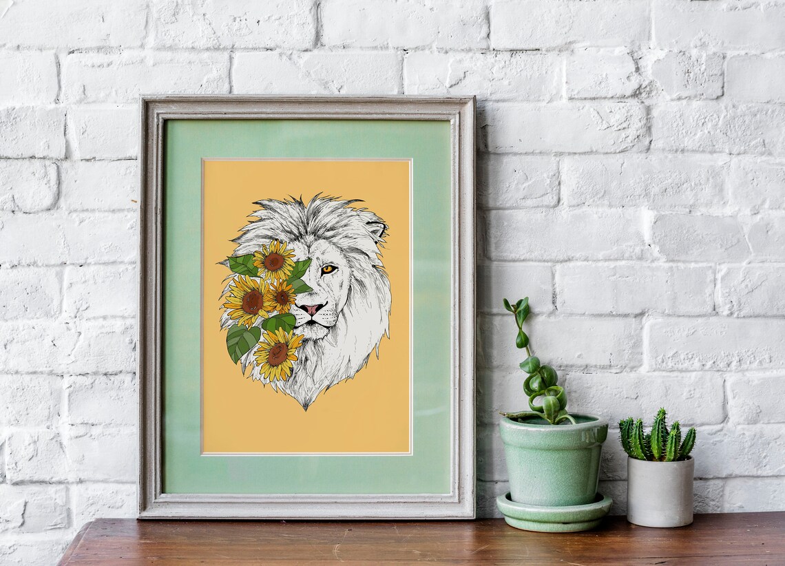 Lion sunflowers print lion floral print lion with yellow Etsy
