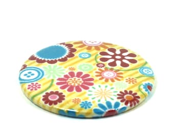 Yellow Flower & Button Pattern Pocket Mirror, Handbag Mirror