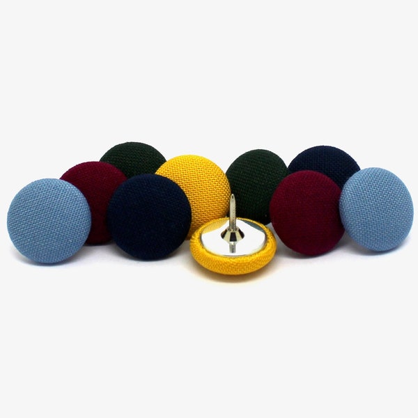 10 Push Pins In Mixed Colours, Fabric Covered Drawing Pins, Blue, Navy, Dark Red, Yellow & Dark Green Thumb Tacks, Multicolour Push Pins