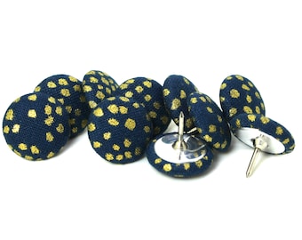 Navy & Gold Polka Dot Fabric Push Pins - Set of 10