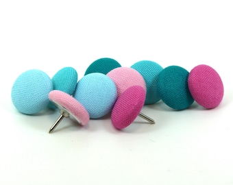 Mixed Pink & Blue Fabric Push Pins, Kona Cotton, Set of 10