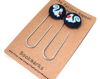 Handmade Squirrel Fabric Button Bookmarks, Paperclip Set