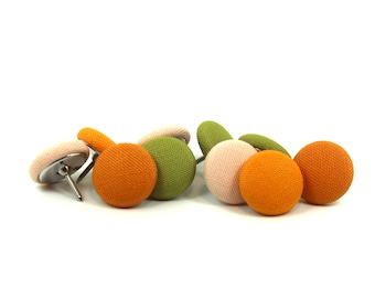 Colourblock Fabric Push Pins, Handmade Drawing Pins, Orange Green Desk Accessories, Set of 10