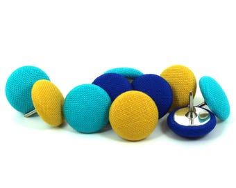 Mixed Yellow & Blue Fabric Push Pins, Kona Cotton, Set of 10