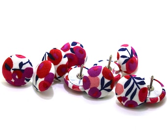 Liberty of London Fabric Push Pins, Red Floral Thumb Tacks (Set of 10)