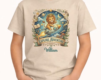 Personlig lejon-rymdskjorta för pojkar, äventyrs-barn-t-shirt, raket-galax-t-shirt, personligt namn-födelsedagspresent för barn, personligt namn-barn-t-shirt,