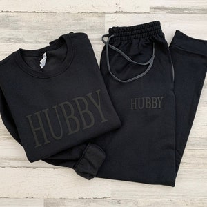 Embossed Hubby Sweatshirts, Wedding Gift, Bridal Shower Gifts, Husband and Wife Gift, Joggers Couples , Wife tshirt, Embossed Honeymoon Set,