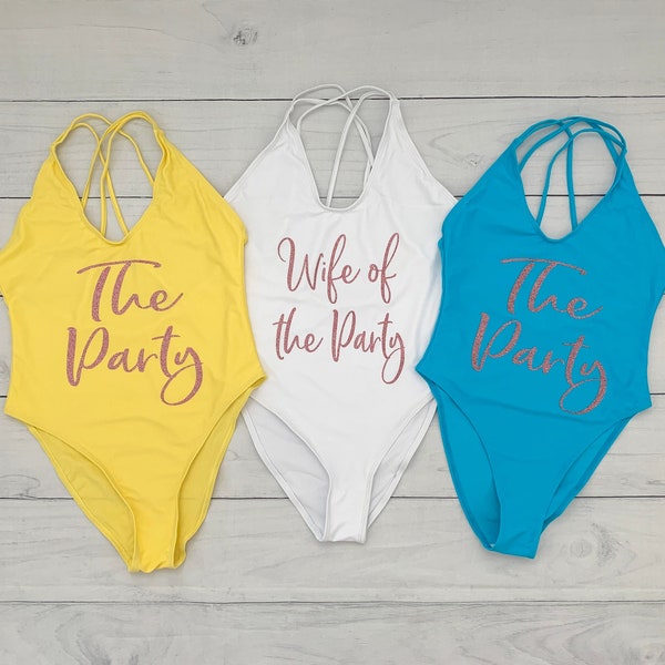 Bride Squad Bathing suits. Bachelorette Swimsuit. Wife Of The Party 022821-053  Squad Swimsuit. The Party Swimsuit. Bridesmaid Swim.