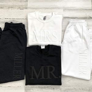 Embossed Honeymoon Sets, Mr and Mrs Sweatshirts, Bride Gift Set, Embossed Mr and Mrs Sweatshirts, Bridal Shower Gifts, Joggers Couples ,