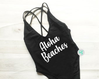 Aloha Beaches Swimwear. Bachelorette Swim. Bride Bathing Suit. Beaches Swimsuit. Bachelorette Party Bathing Suits. One Piece Swimsuit.